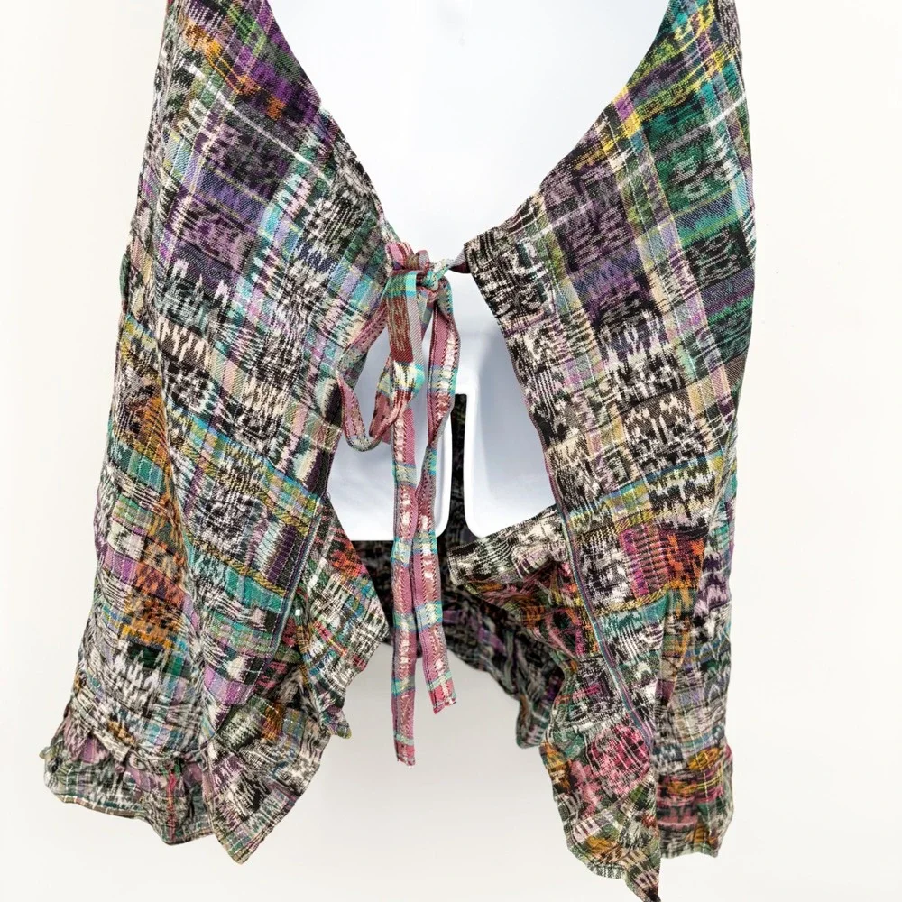 Womens Guatemalen Handmade Multicolor Ikat Embroidered Boho Folk Ruffle Apron OS